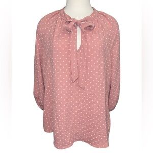 Olivia & Martin Top Size L Pink w/White Dots Tie Neck 3/4 Sleeves Romantic